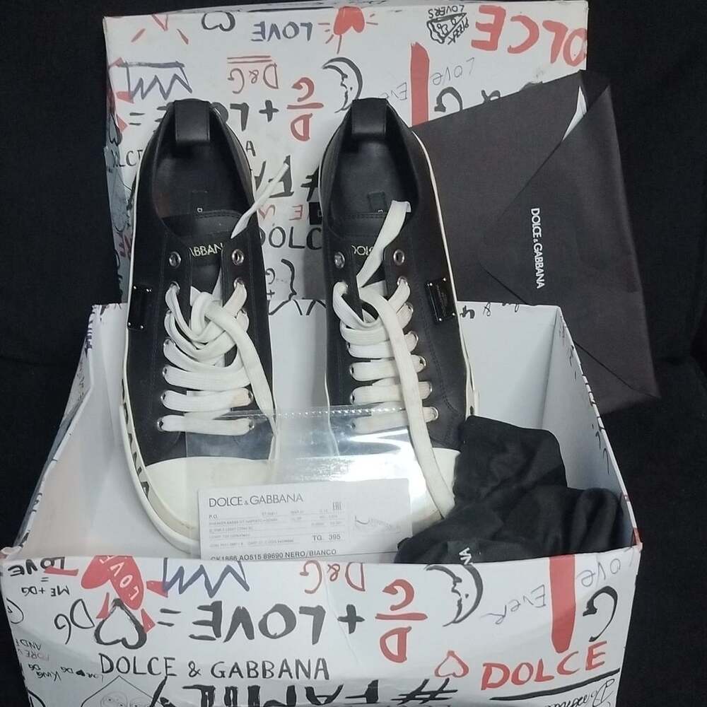 Dolce & Gabbana Portofino Logo Print Calfskin Nappa Sneakers Size 39.5